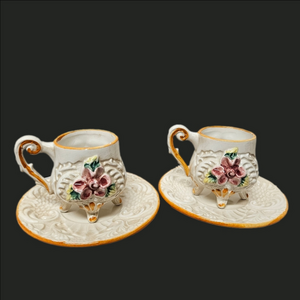 Vintage Antique Pair of Italian Capodimonte Demitasse Cup and Saucer Set